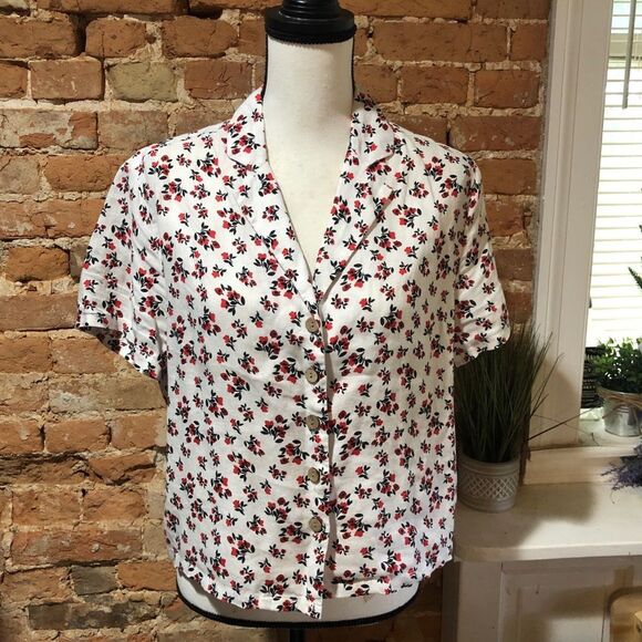 CYNTHIA ROWLEY FLORAL PRINT 100% LINEN TOP - SM WOMENS BUTTON TEE WHITE RED - Picture 1 of 10
